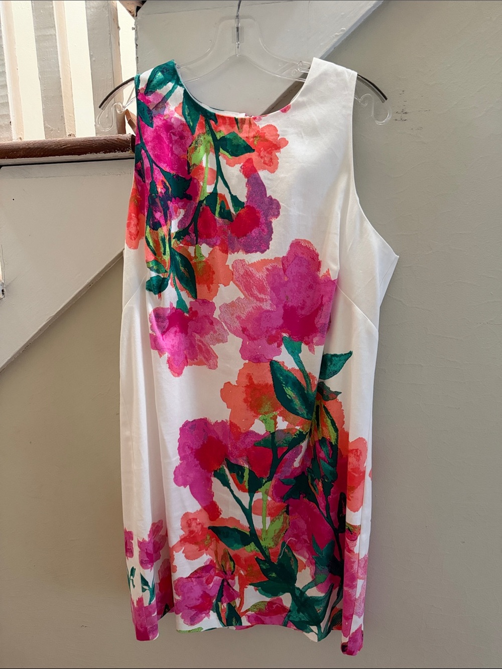 London Times White Mini Dress with Pink and Green Floral Watercolor Print